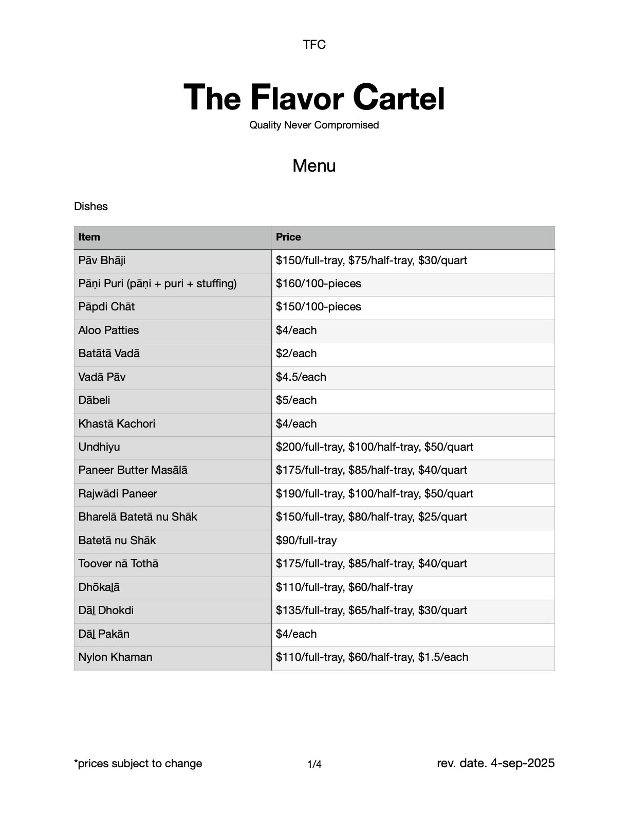 Page 1/4 of The Flavor Cartel's menu